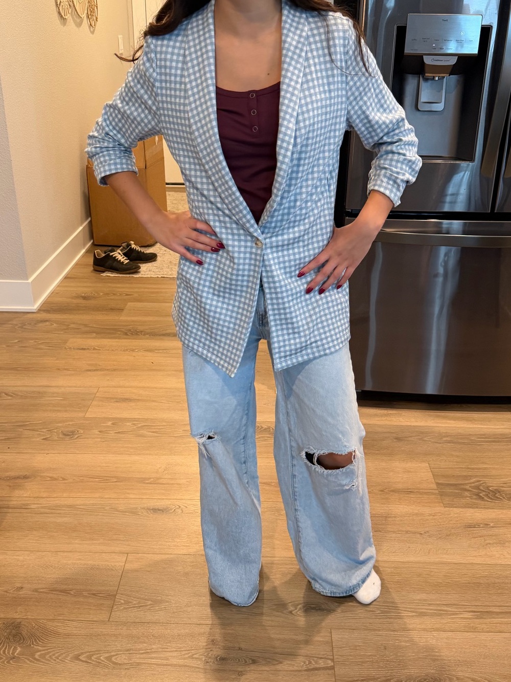 Altar'd State Light Blue Gingham Shawl Collar Blazer